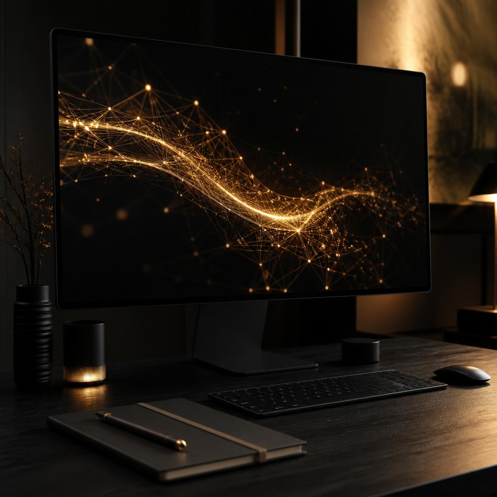 Designer workstation with glowing gold AI network visualization