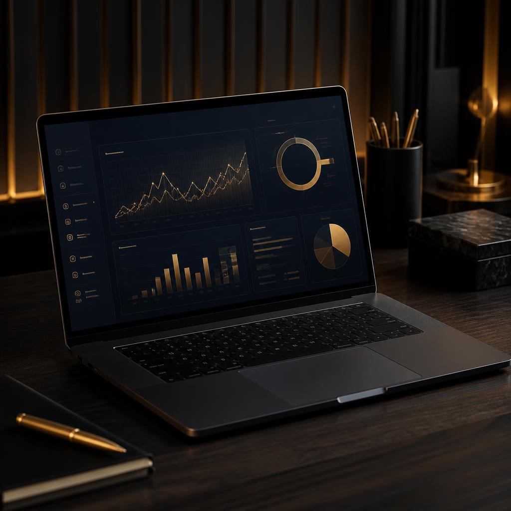 Premium business dashboard on a laptop in a dark luxury office