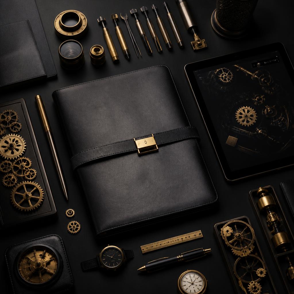 Premium black and gold professional business tools flat lay
