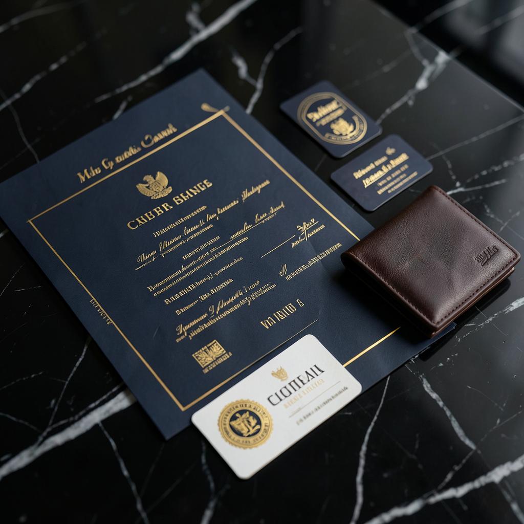 Business certificates, license cards, and a leather wallet on black marble