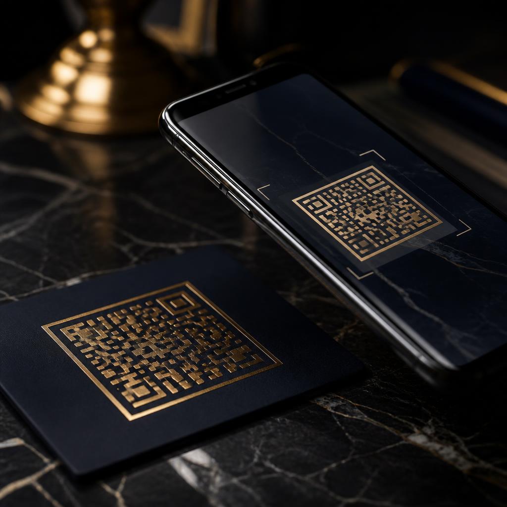 Gold embossed QR code card being scanned by a phone on black marble