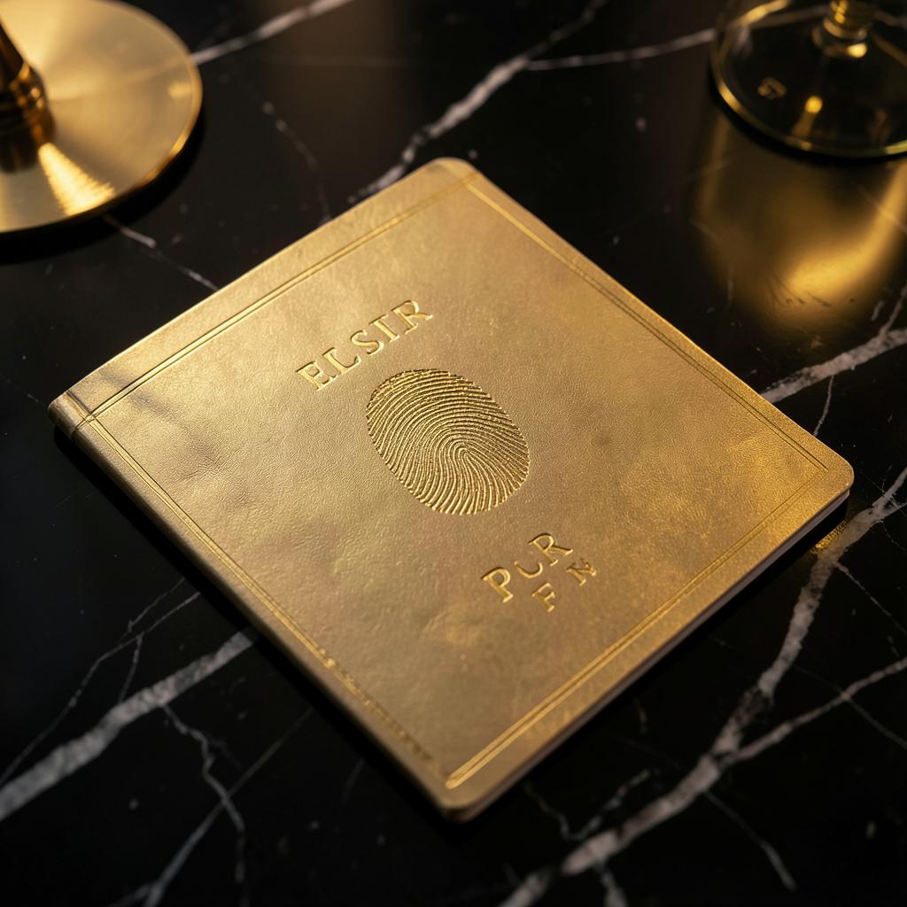 Gold embossed rights passport document with fingerprint seal on black marble