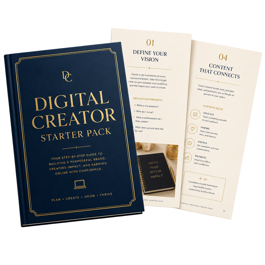 The AurumVault Digital Creator Starter Pack workbook cover with sample interior pages